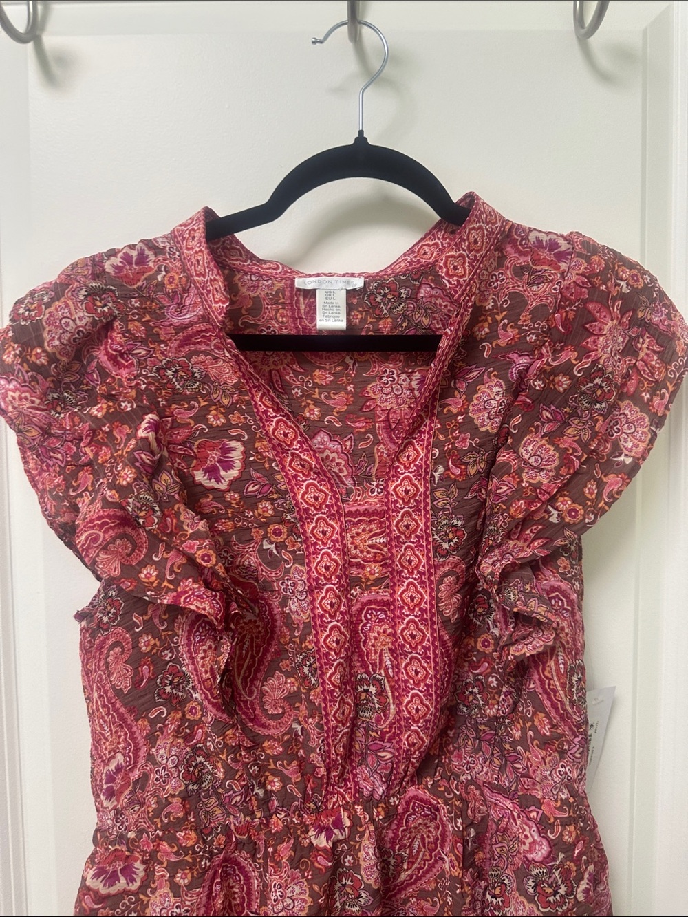 London Times Pink and Brown Paisley Ruffle Midi Dress with V-Neck - Picture 4 of 5